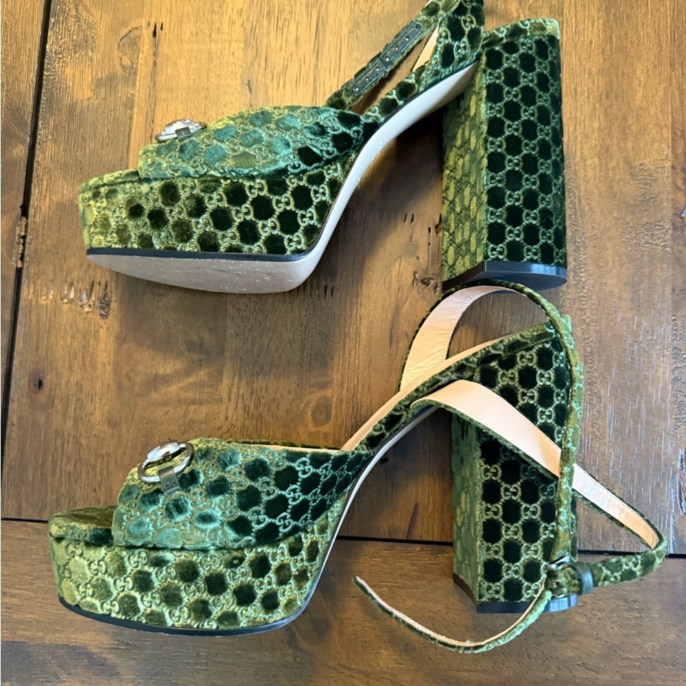 Gucci Olive Velvet Platform Heels - Picture 10 of 10